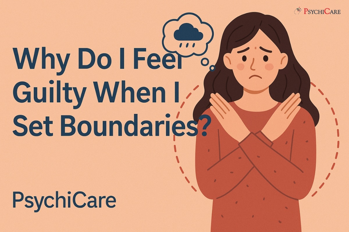 Feature image with text “Why Do I Feel Guilty When I Set Boundaries?” showing a sad woman crossing arms to set boundaries, PsychiCare branding.