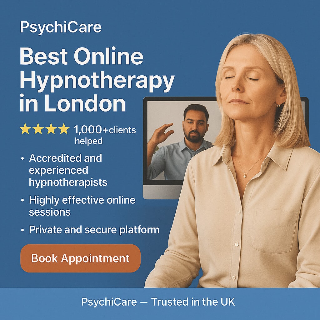 A promotional digital graphic for PsychiCare showcasing online hypnotherapy in London, featuring a real therapist conducting a virtual session with a client through video call on a blue background.