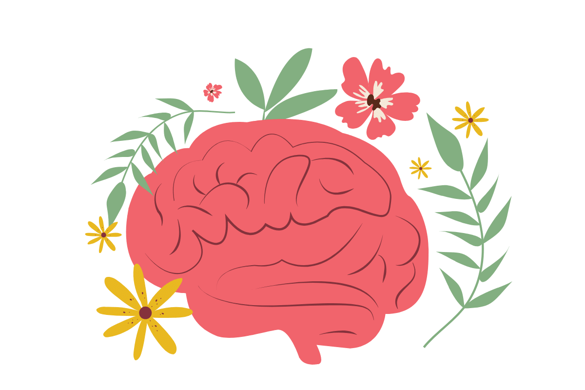 Illustration of a human brain surrounded by calming flowers, symbolising emotional healing, mental wellbeing and supportive counselling at PsychiCare.