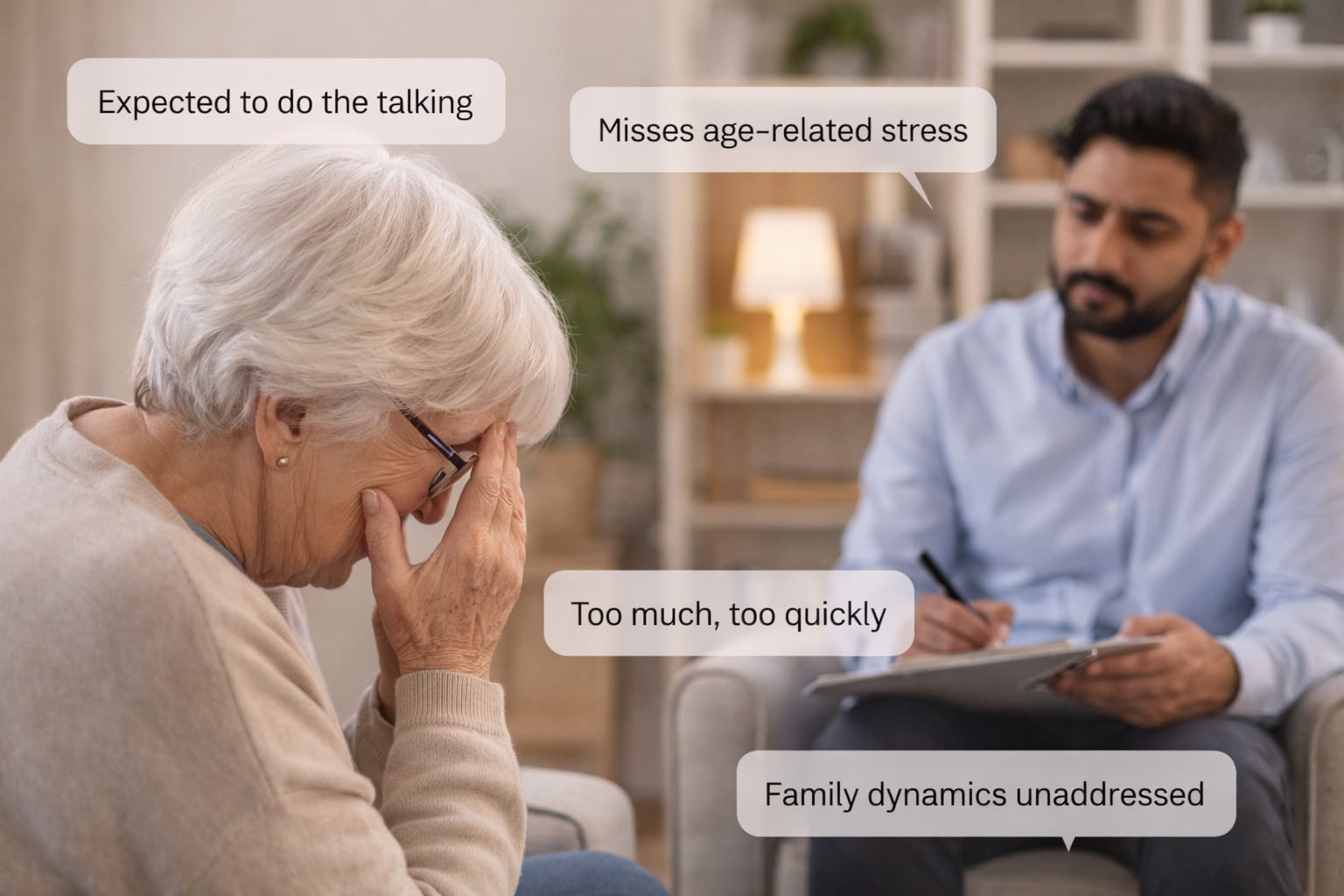 Older adult and family member sitting during a counselling discussion at home