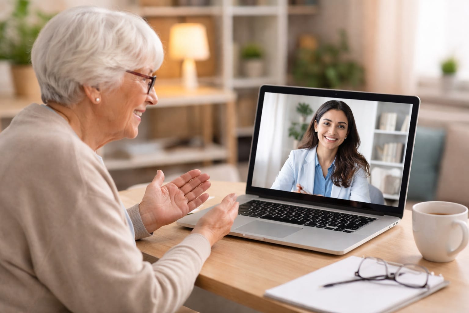 Online Mental Health Counselling for Elderly Adults Senior Citizens Senior citizen attending an online mental health counselling session from home