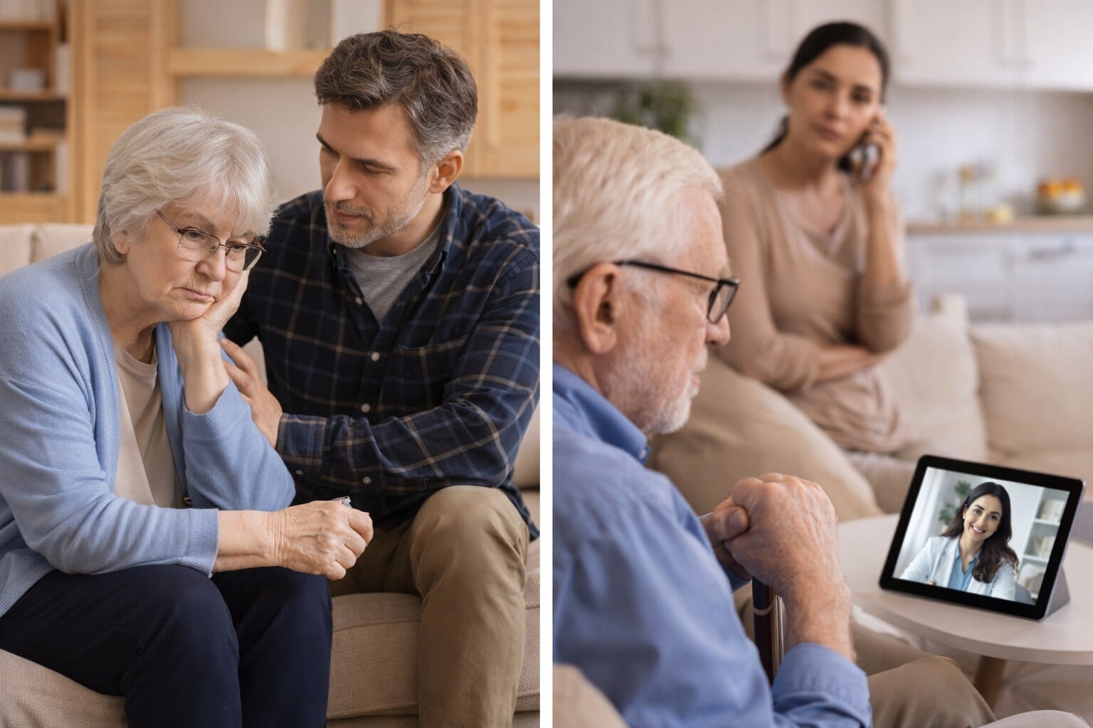 Older adult at home with a family member discussing emotional support