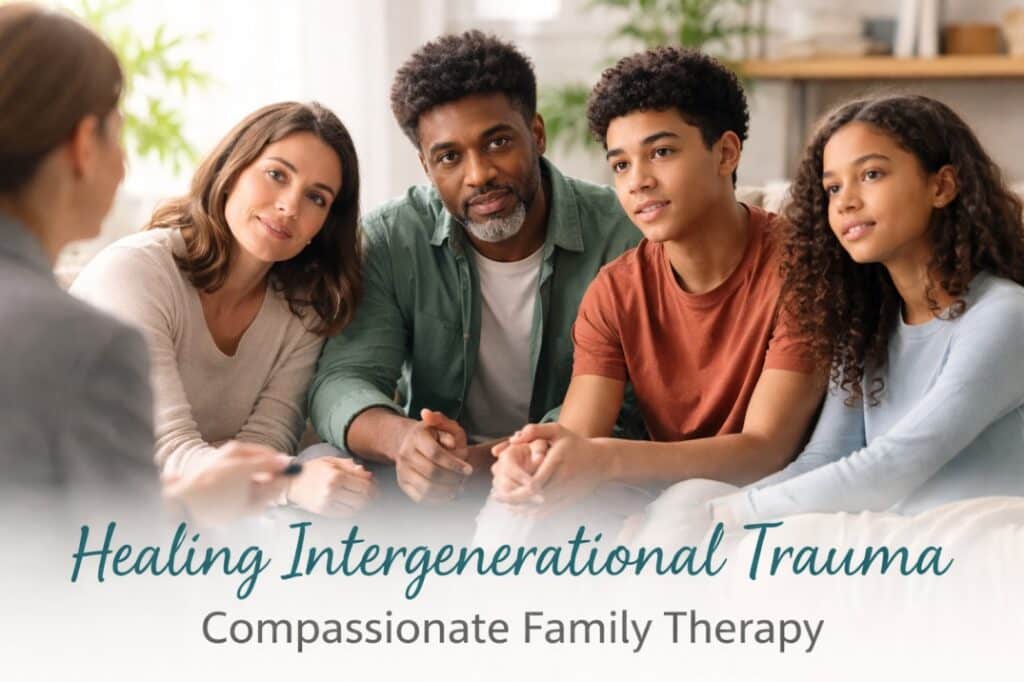 Family participating in therapy session with counsellor, representing healing from intergenerational trauma across generations