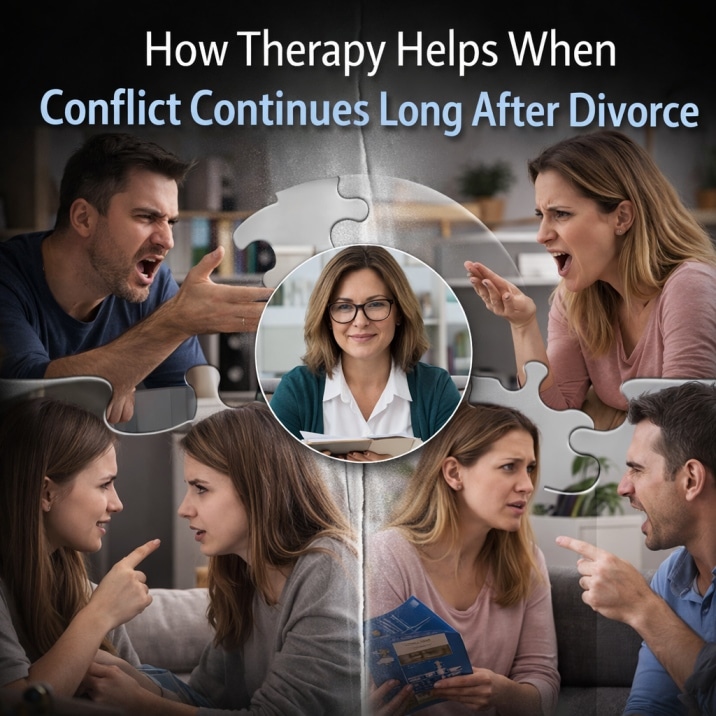 Therapist mediating ongoing conflict between divorced adults, illustrating family therapy support after divorce