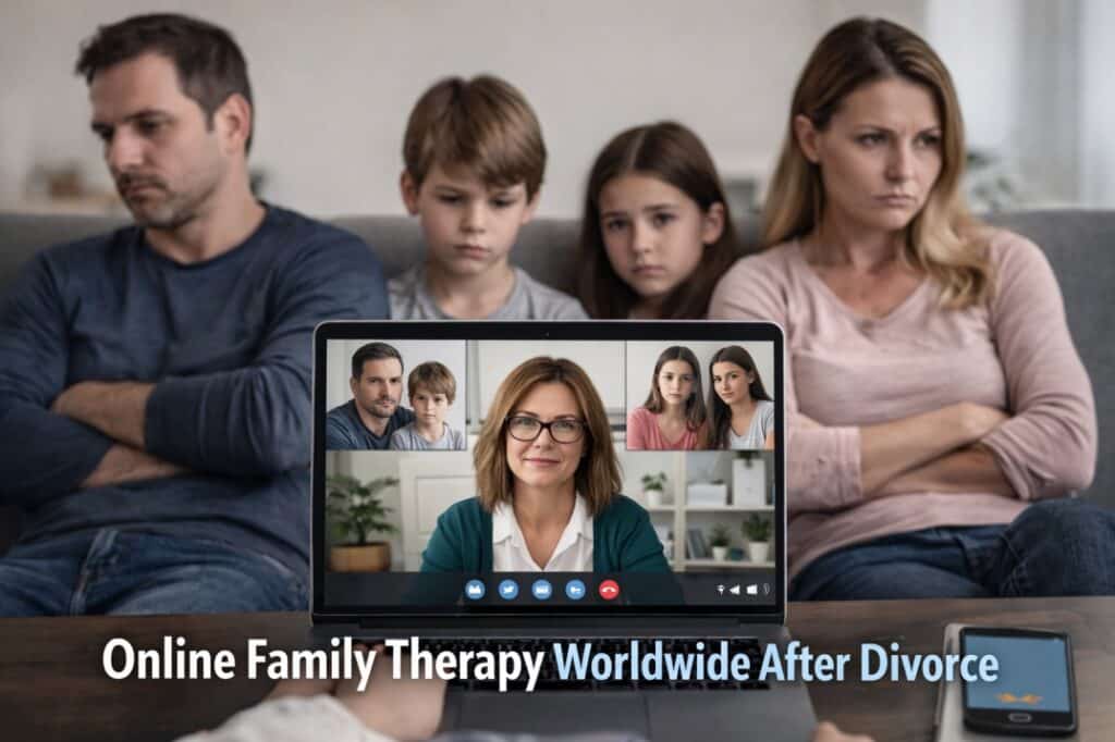 Separated parents and children attending online family therapy session with psychologist on laptop after divorce