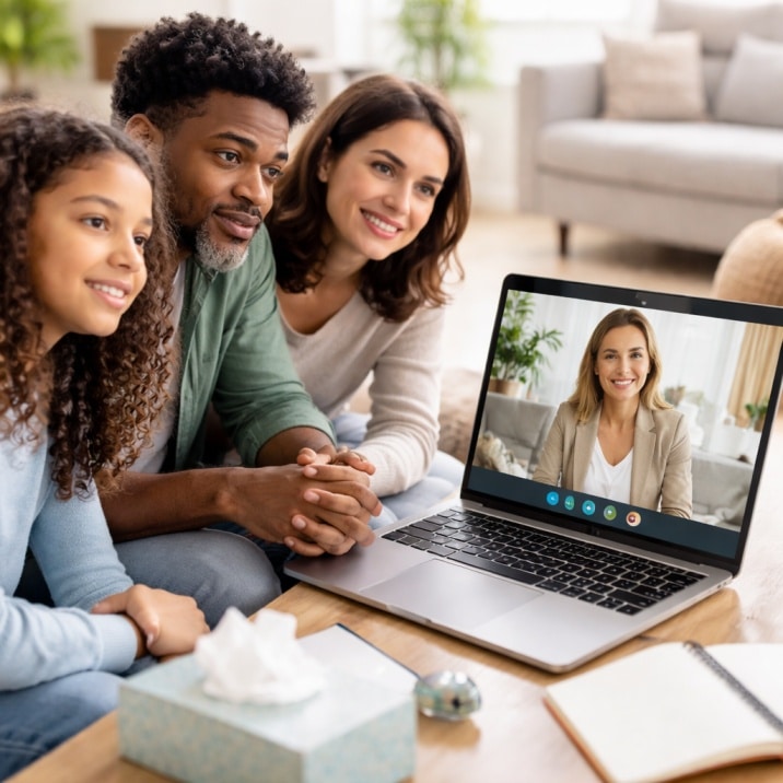 Family attending online therapy session together with psychologist on laptop at home