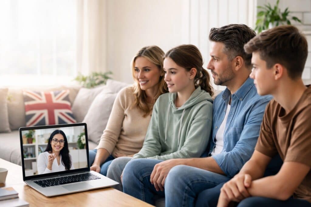 Family attending an online family therapy session in the UK through a video call with a professional therapist