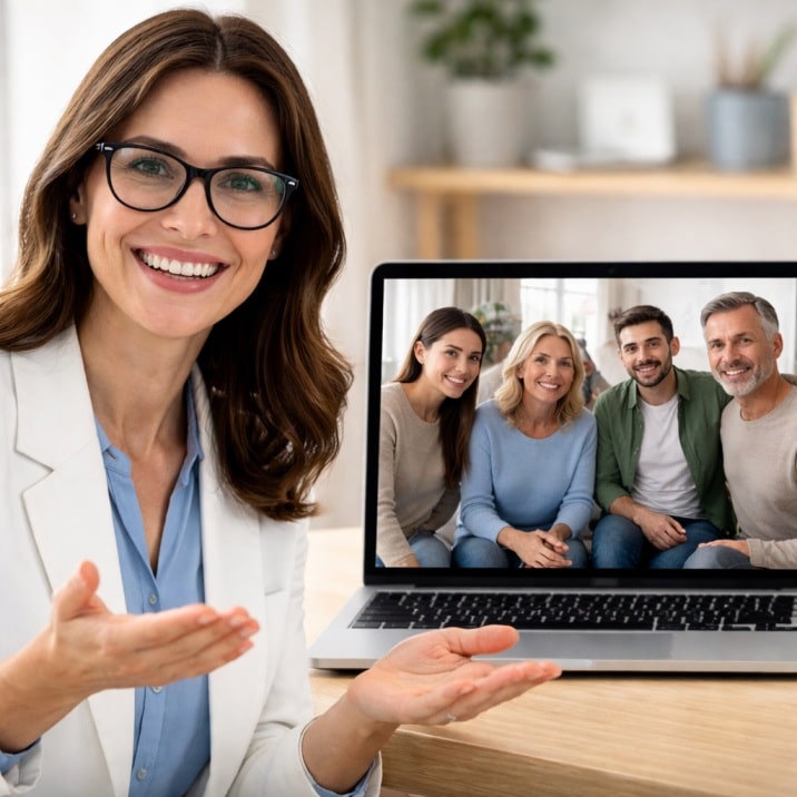 Therapist conducting online family therapy session on laptop with parents and adult children visible on screen