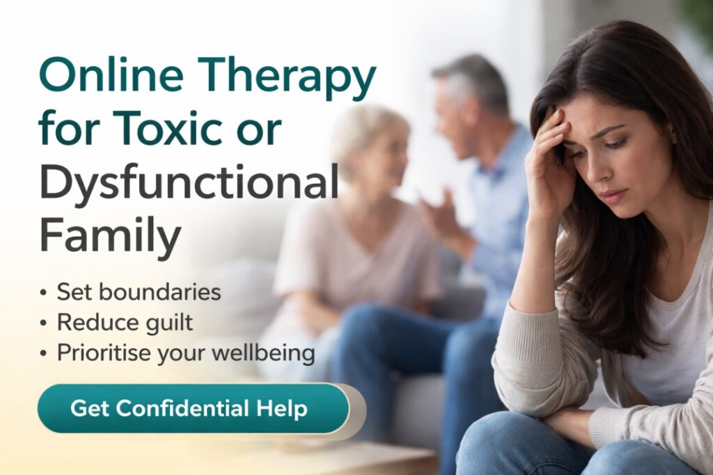 Distressed adult woman while parents argue in background, representing toxic or dysfunctional family relationships