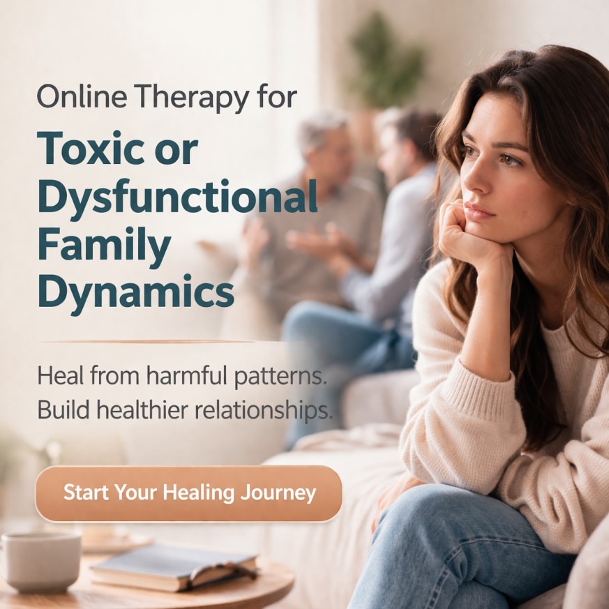 Distressed adult woman affected by family conflict in background, representing toxic or dysfunctional family dynamics and therapy support