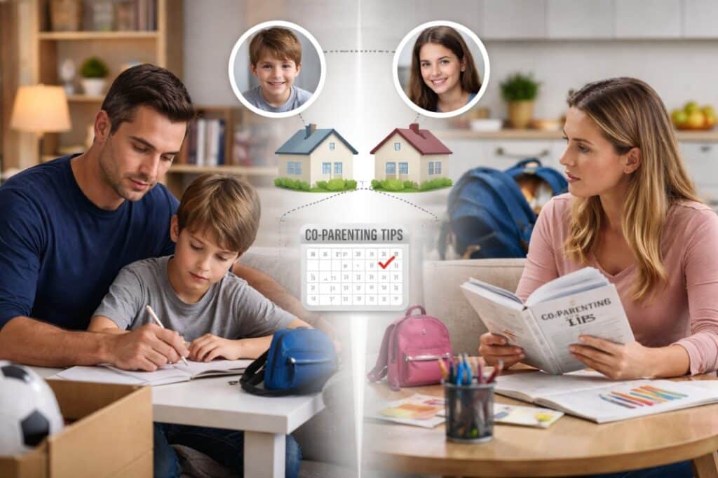 Separated parents caring for children in different homes, illustrating co-parenting after divorce
