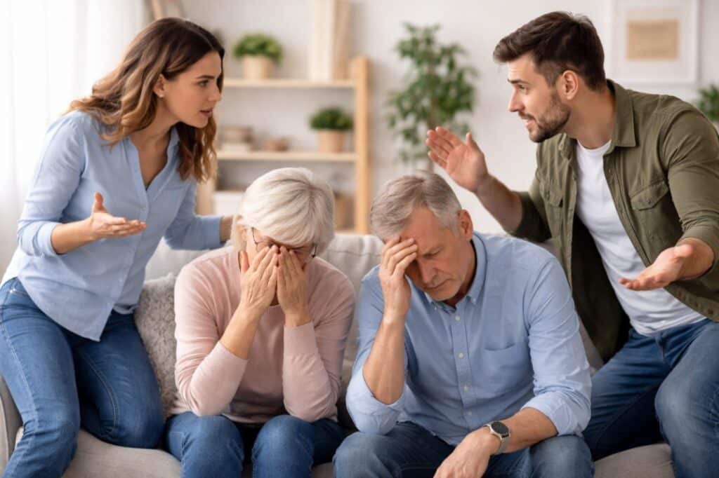Adult siblings arguing while elderly parents sit distressed on sofa, showing family tension and emotional strain