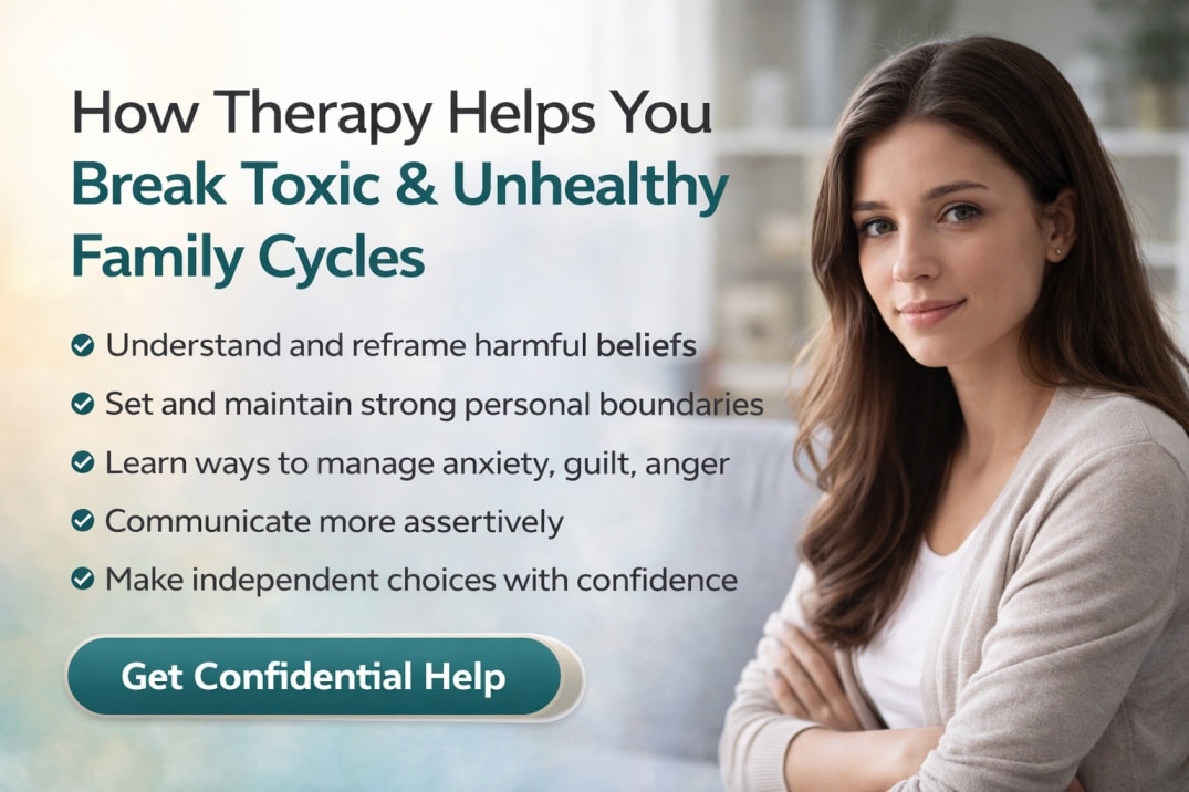 Confident adult woman symbolising recovery from toxic family dynamics through therapy and boundary setting