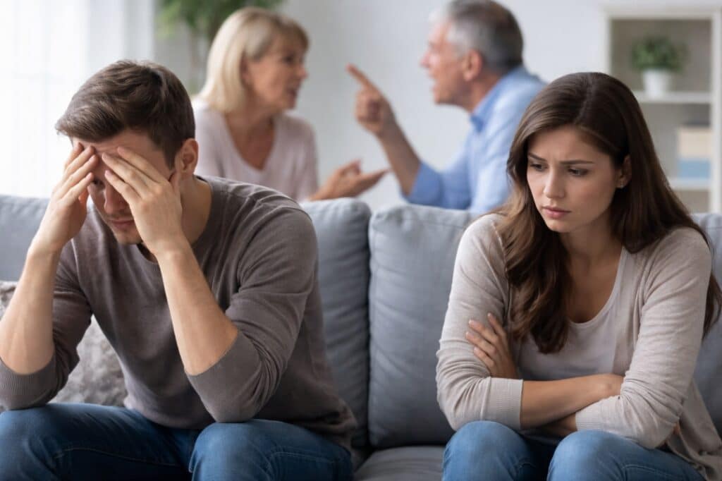Distressed adult siblings while parents argue in background, representing toxic or dysfunctional family dynamics