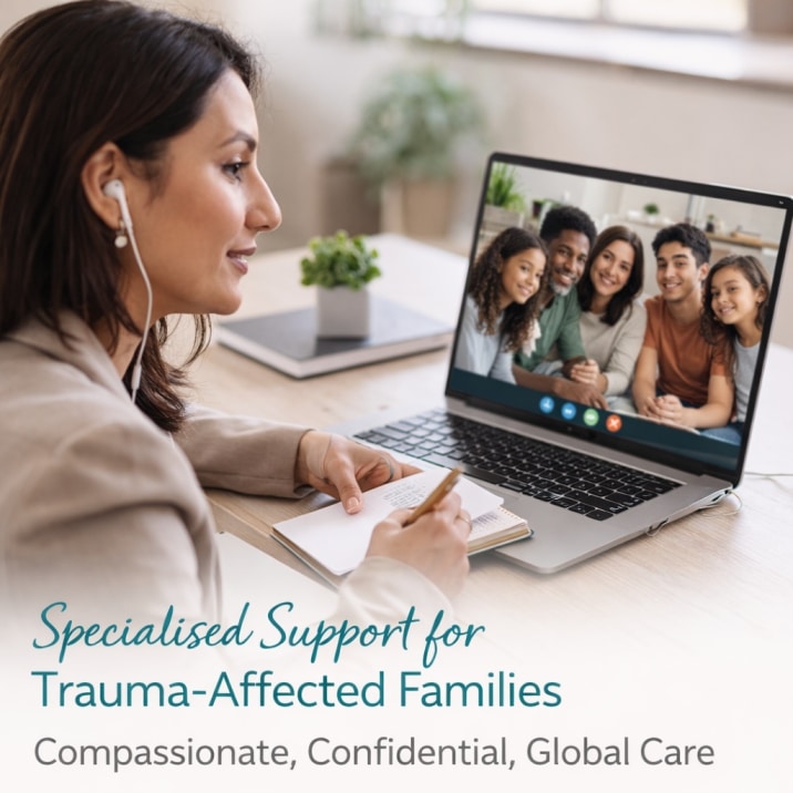 Therapist conducting online trauma-informed family therapy session with family on laptop, representing global confidential support