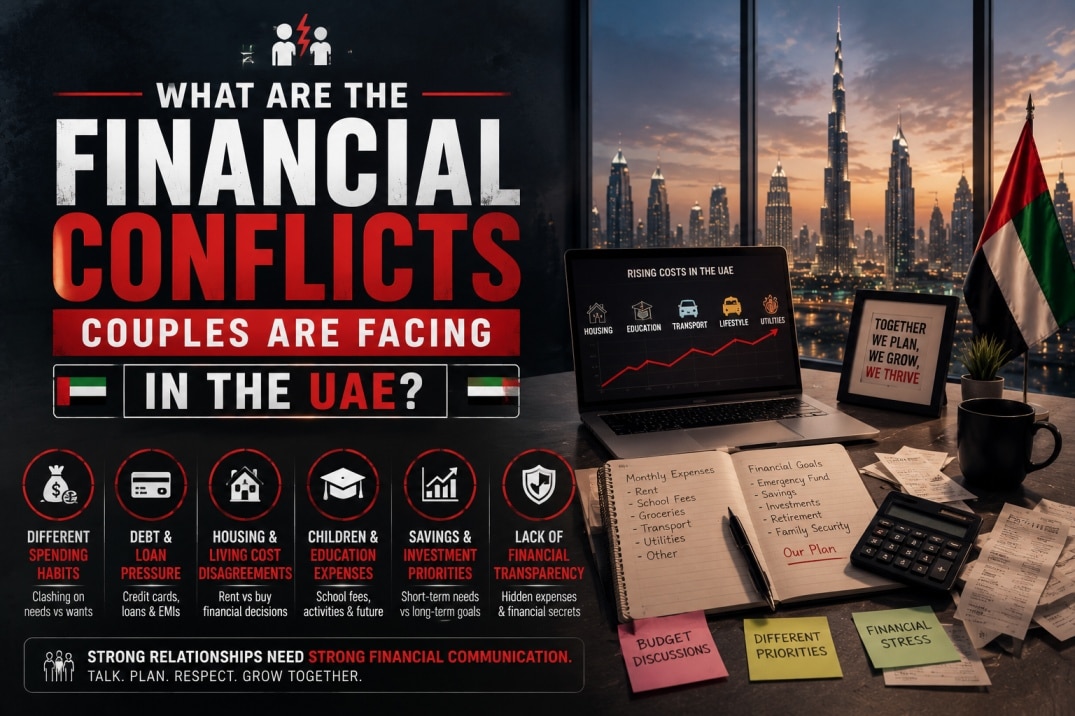 Married couple in the UAE arguing about money, expenses and financial stress at home
