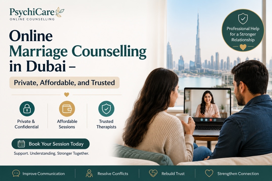 Couple attending online marriage counselling session in Dubai with experienced relationship therapist through PsychiCare.