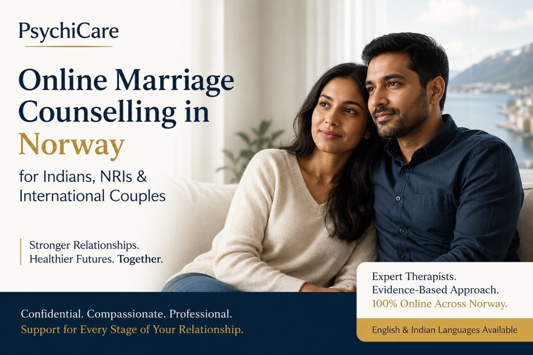 Indian couple in Norway seeking online marriage counselling support from experienced PsychiCare therapists for relationship, trust, intimacy, and communication concerns.