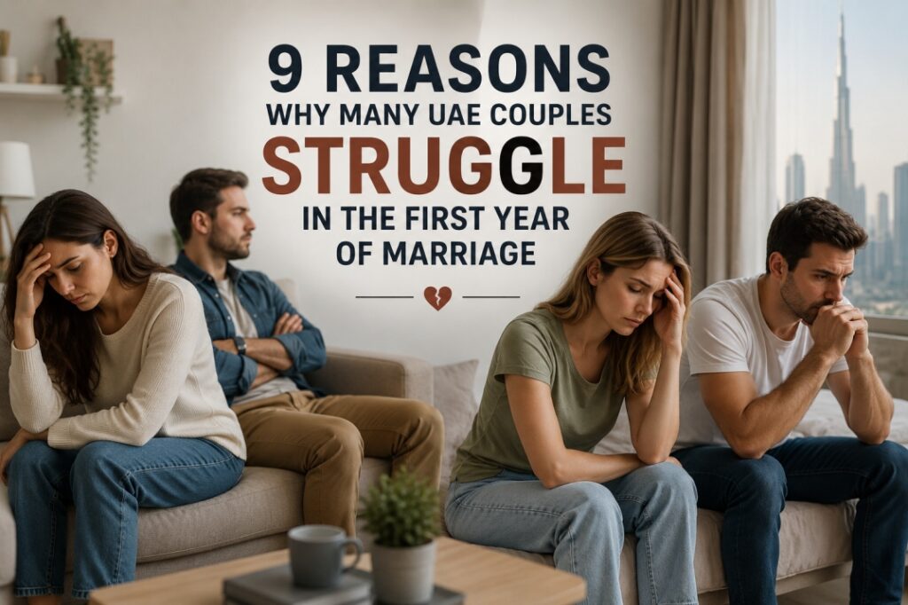 Young married couple in the UAE feeling emotionally stressed during the first year of marriage