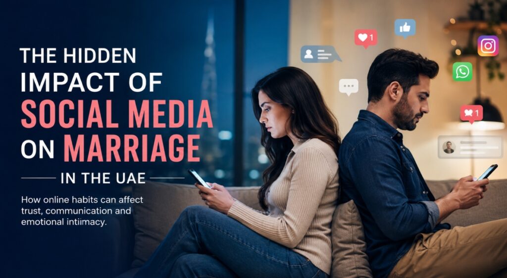 UAE couple sitting together but focused on their smartphones, showing social media's impact on marriage