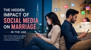 UAE couple sitting together but focused on their smartphones, showing social media's impact on marriage