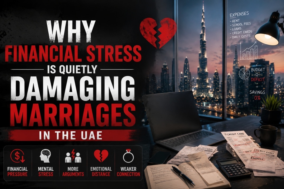 Couple in the UAE looking stressed about financial problems and marriage conflict