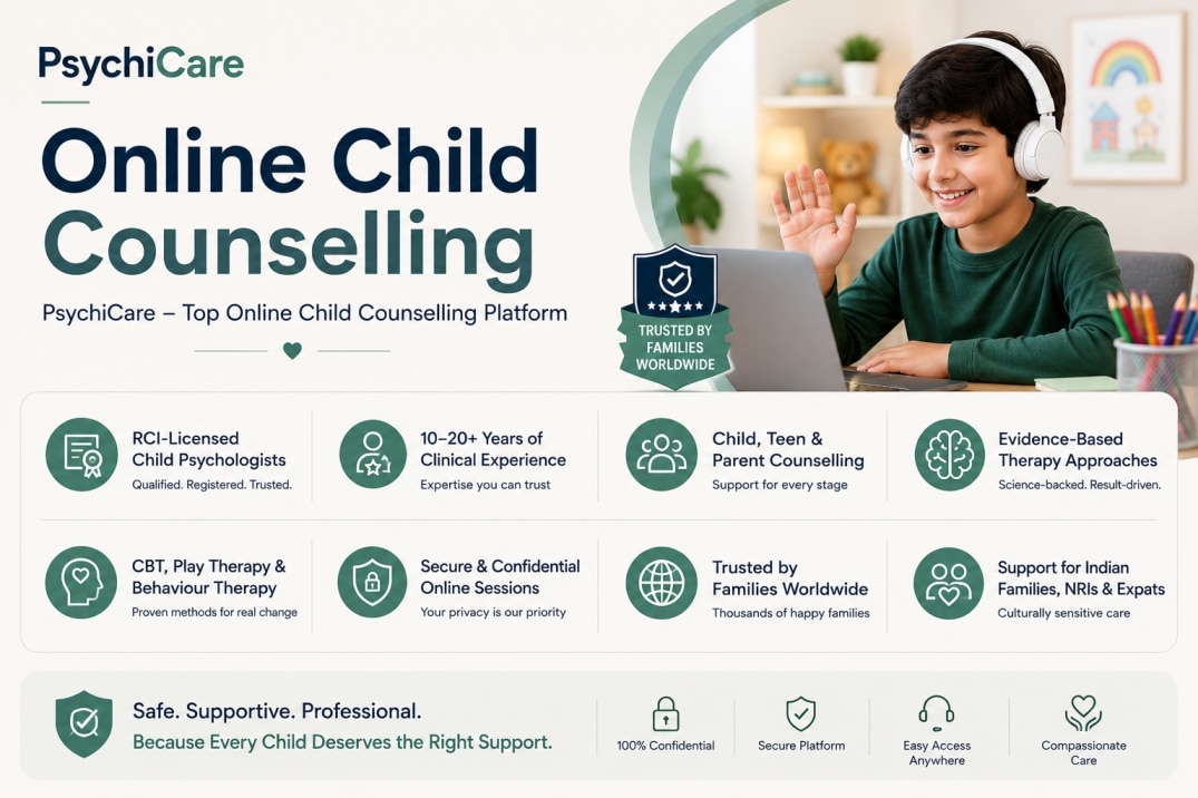 PsychiCare online child counselling platform featuring experienced child psychologists, evidence-based therapy approaches, and secure online counselling for children and teens.