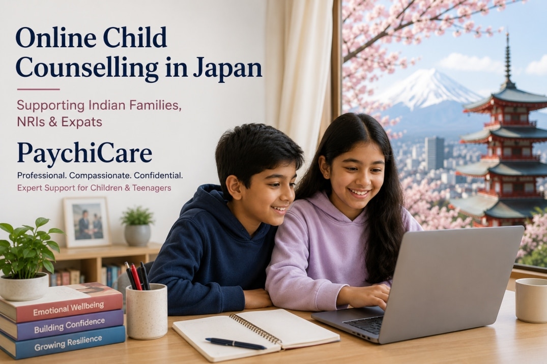 Indian boy and girl attending online child counselling in Japan through PsychiCare. Professional support for children, teens, NRI and expat families.