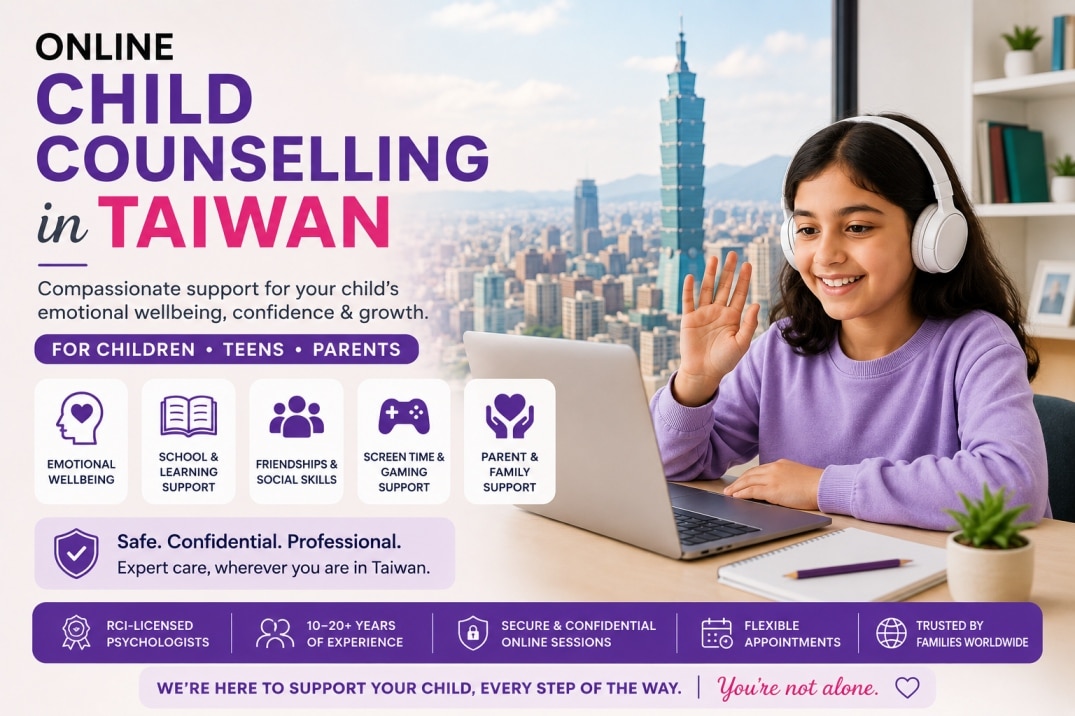 PsychiCare online child counselling in Taiwan for children, teens, international school students, Indian families, NRIs and expats.