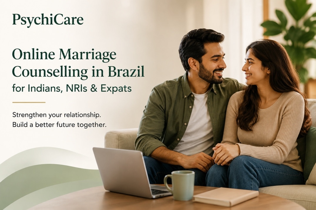 Indian couple in Brazil accessing online marriage counselling from experienced PsychiCare therapists for relationship support and guidance.