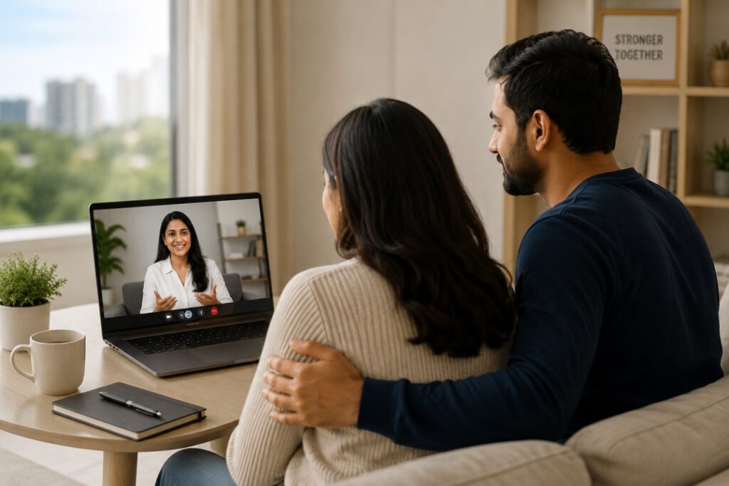 Couple attending an online marriage counselling session in Jurong with a professional relationship therapist through secure video counselling.