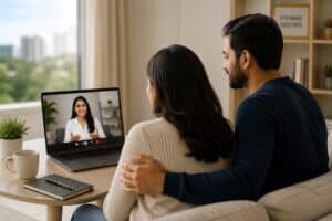Couple attending an online marriage counselling session in Jurong with a professional relationship therapist through secure video counselling.