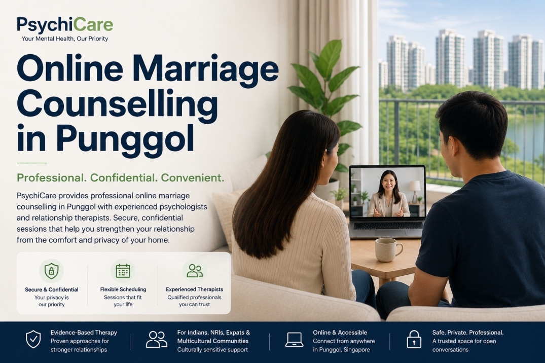 Couple attending an online marriage counselling session in Punggol with an experienced PsychiCare therapist through secure video counselling.