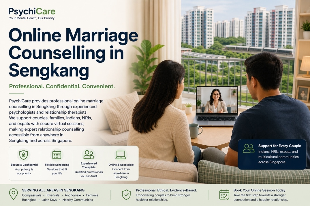 Couple attending an online marriage counselling session in Sengkang with an experienced PsychiCare therapist through secure video counselling.