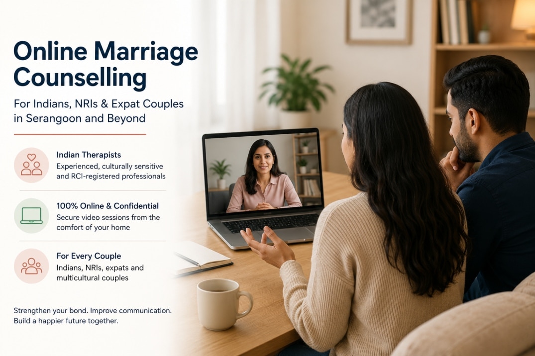 Indian couple attending an online marriage counselling session in Serangoon with an experienced PsychiCare therapist through secure virtual therapy.