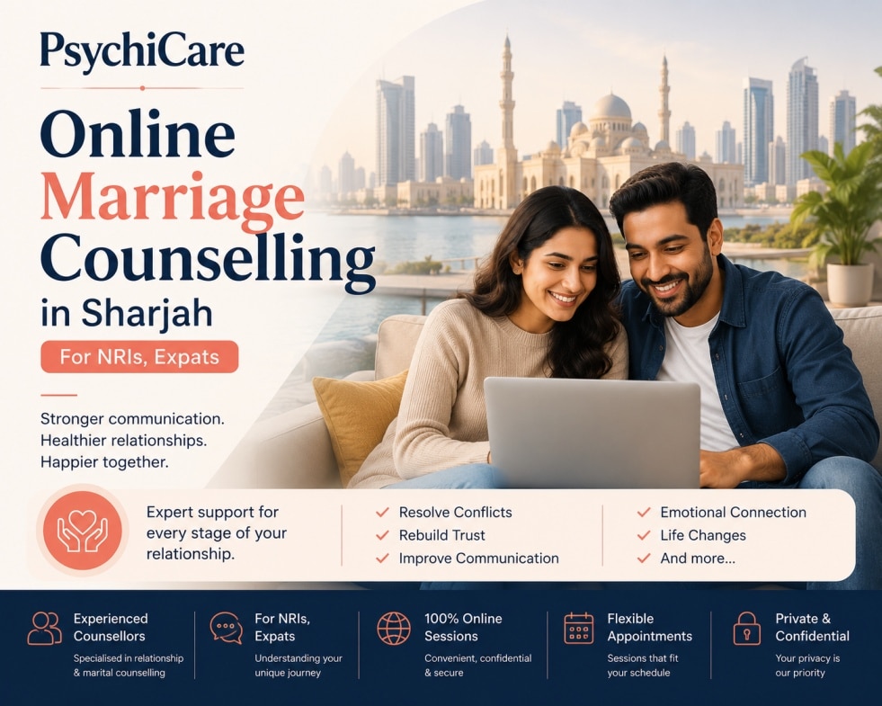 Online marriage counselling in Sharjah for NRIs, expats and international couples by PsychiCare