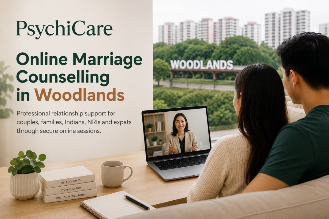 Couple attending an online marriage counselling session in Woodlands with an experienced therapist through secure video counselling.
