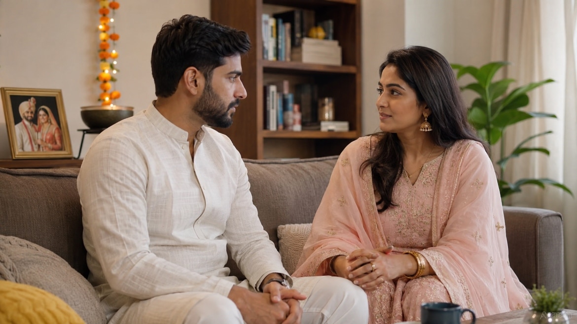 Modern Indian couple having an honest conversation while adjusting after an arranged marriage.