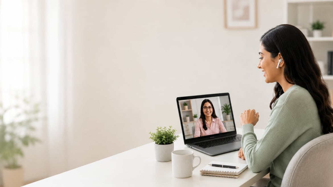 A client attending an online counselling session with a psychologist