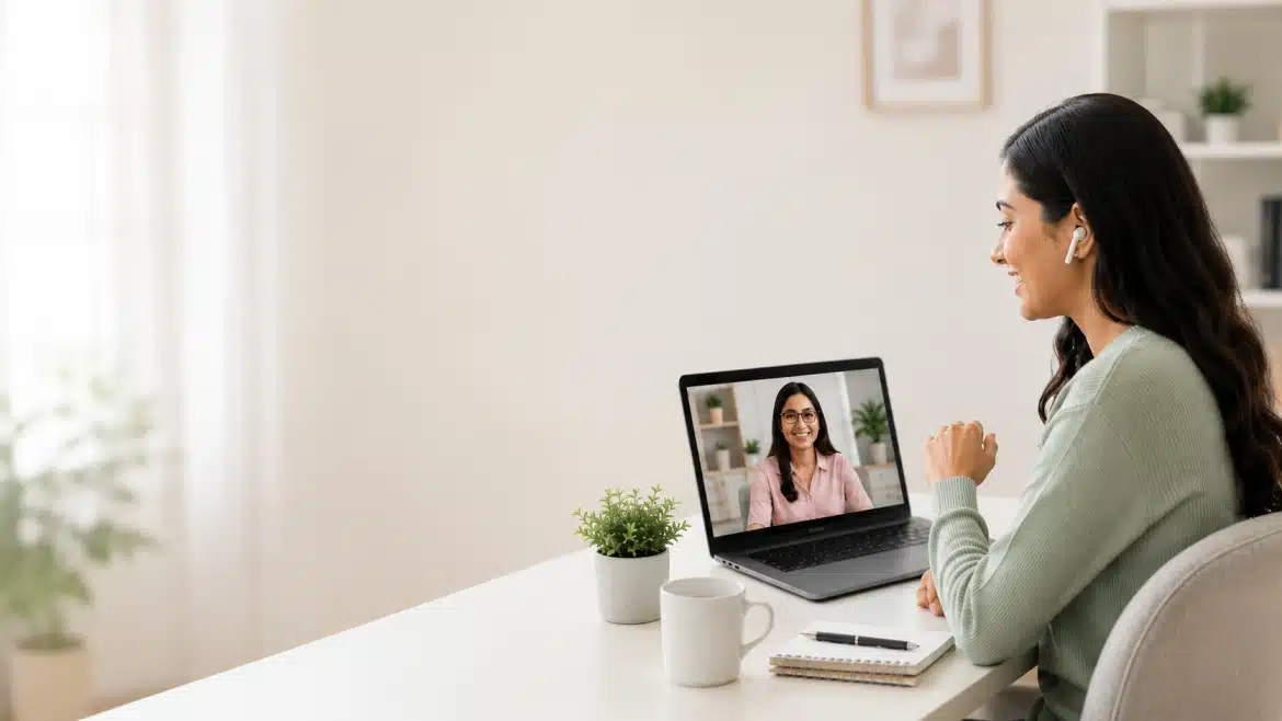 A client attending an online counselling session with a psychologist