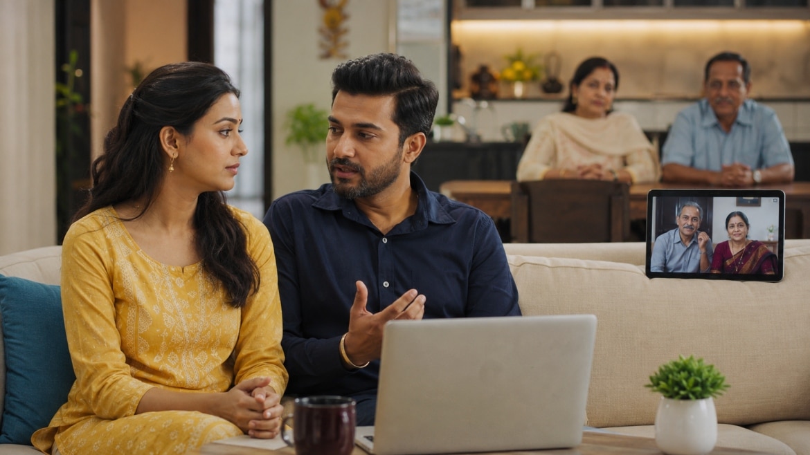 Indian couple discussing family expectations and boundaries after an arranged marriage.