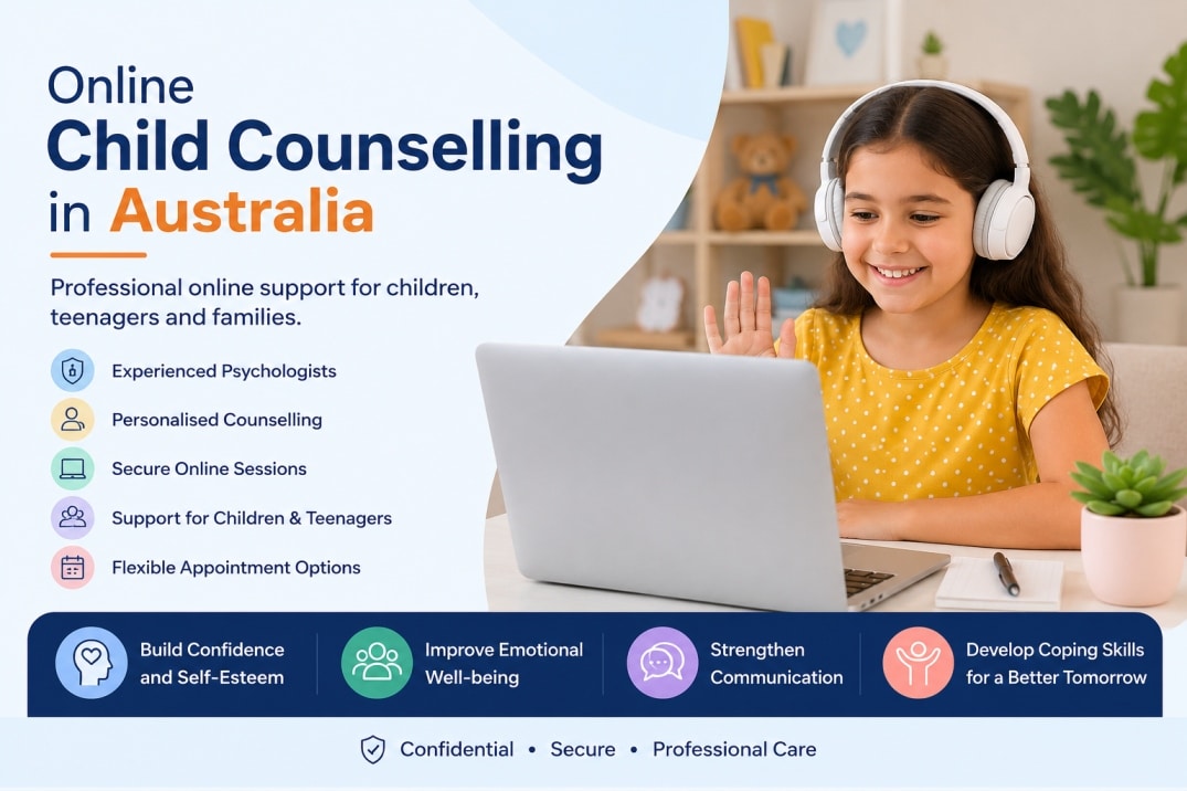 Child attending an online counselling session with a psychologist in Australia through PsychiCare's secure virtual therapy platform.