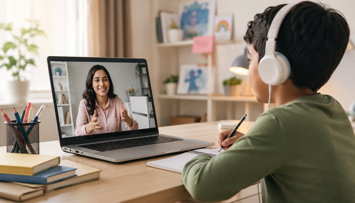 Child attending an online counselling session with a psychologist in Brazil through PsychiCare's secure virtual therapy platform.