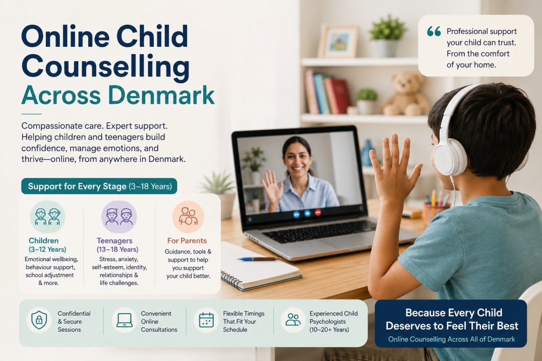 Child attending an online counselling session with a psychologist in Denmark through PsychiCare's secure virtual therapy platform.