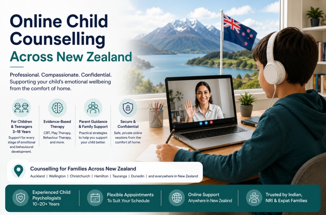 Child attending an online counselling session with a psychologist in New Zealand through PsychiCare's secure virtual therapy platform.