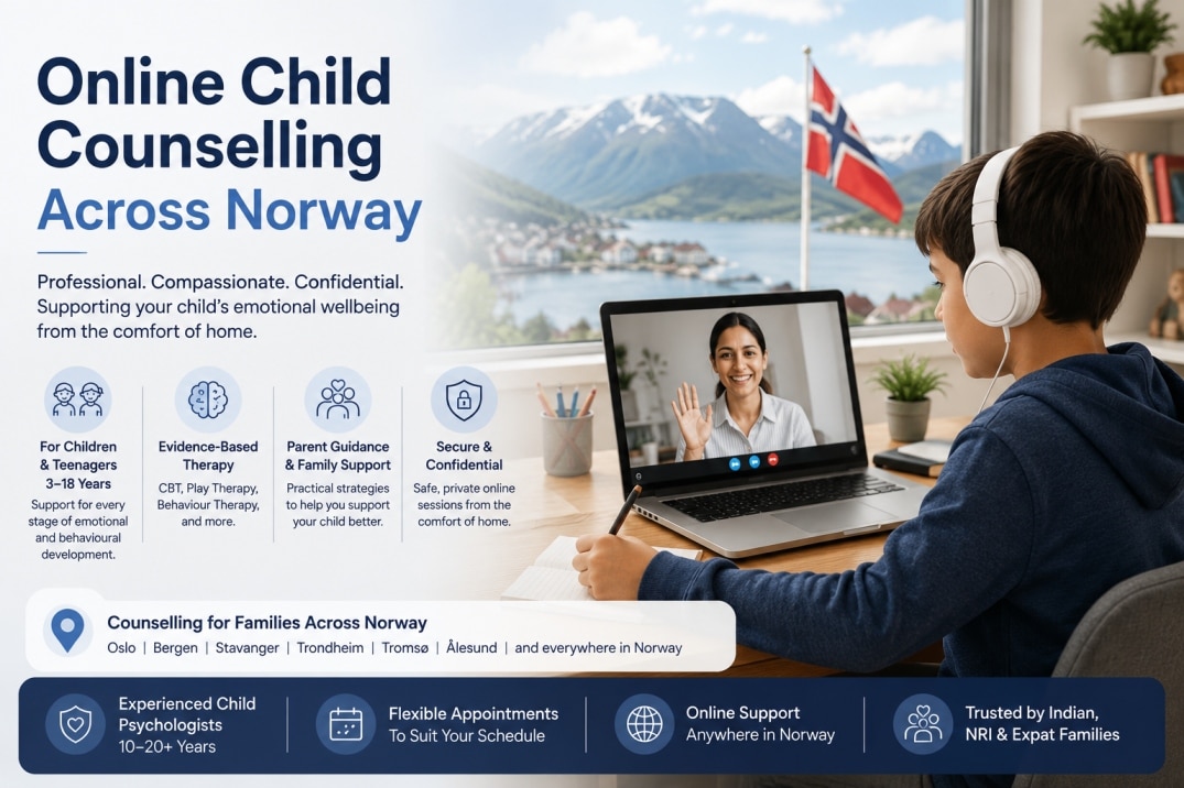 Child attending an online counselling session with an experienced psychologist in Norway through PsychiCare's secure online platform.