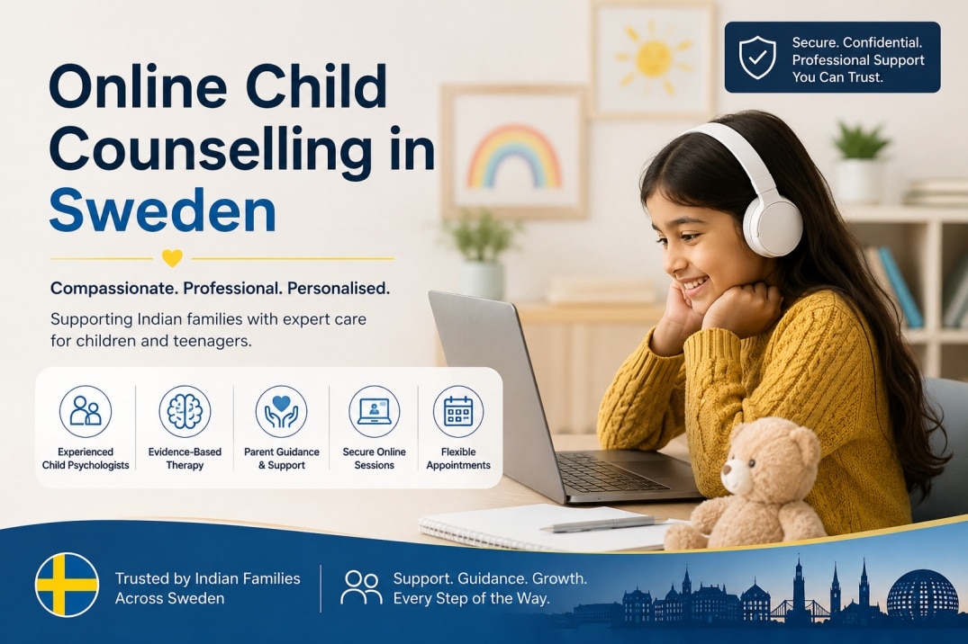 Indian child attending an online counselling session with a PsychiCare psychologist for children and teens in Sweden.