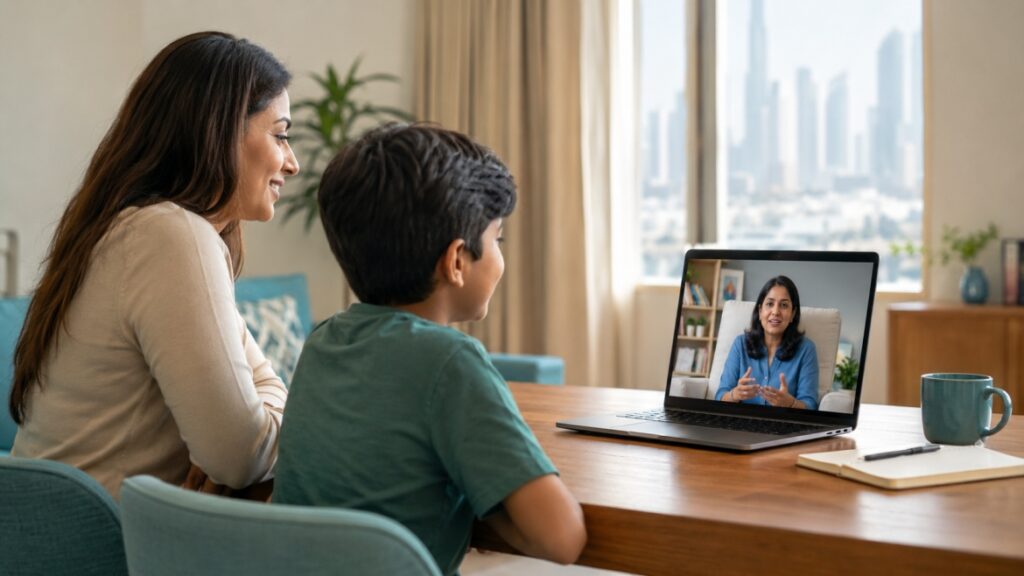 Child and parent attending online child counselling in UAE with an Indian psychologist