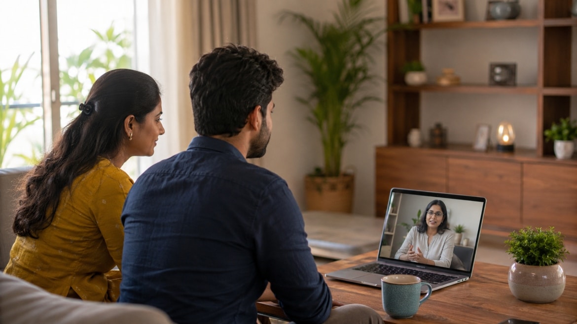 Indian couple attending online marriage counselling for arranged marriage adjustment problems.