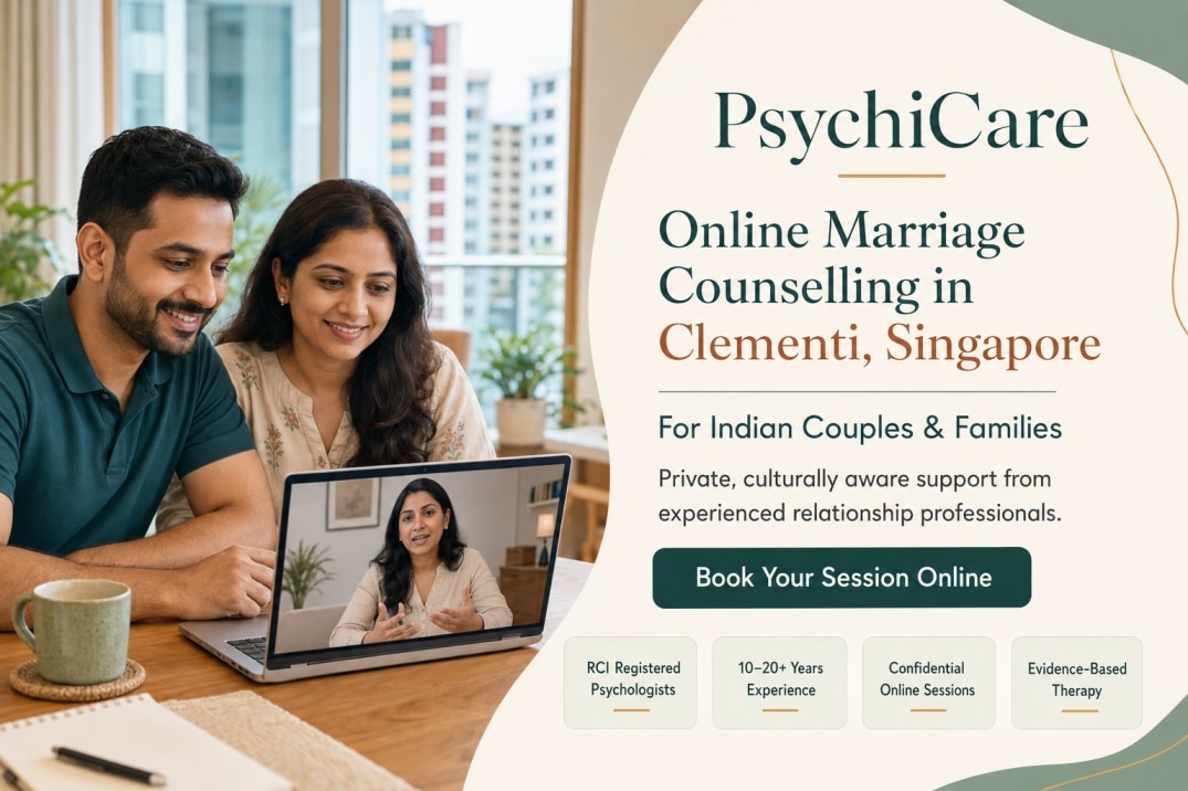 Indian couple attending online marriage counselling in Clementi, Singapore with an experienced PsychiCare relationship professional.